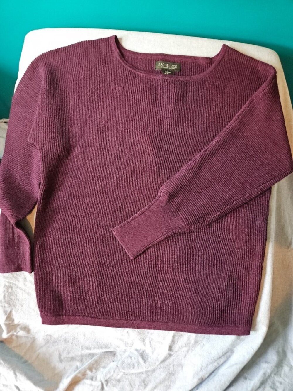 NWT Rachel Zoe Burgundy Merino Wool Blend Ribbed Knit Boat Neck Sweater XS
